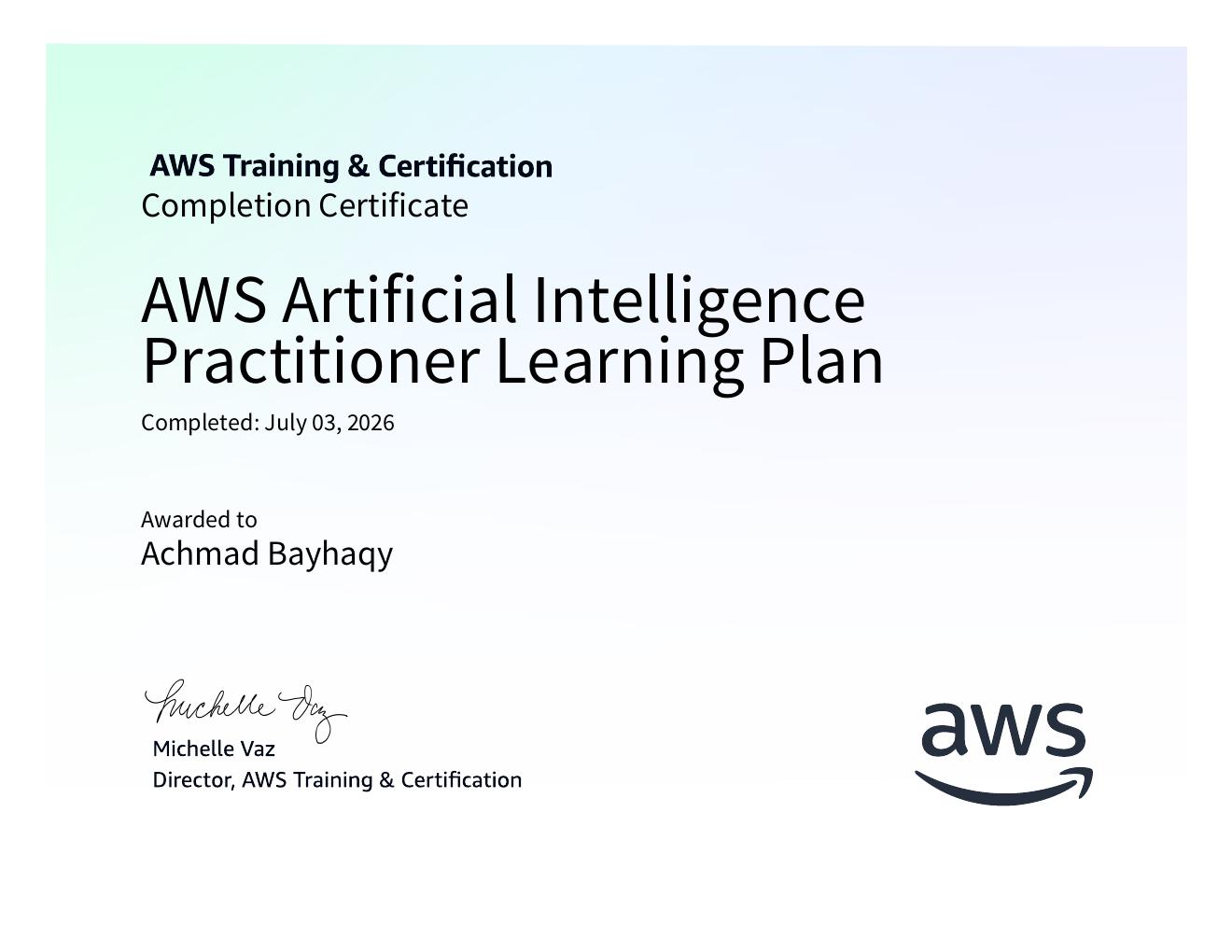 AWS Artificial Intelligence Practitioner Learning Plan certificate