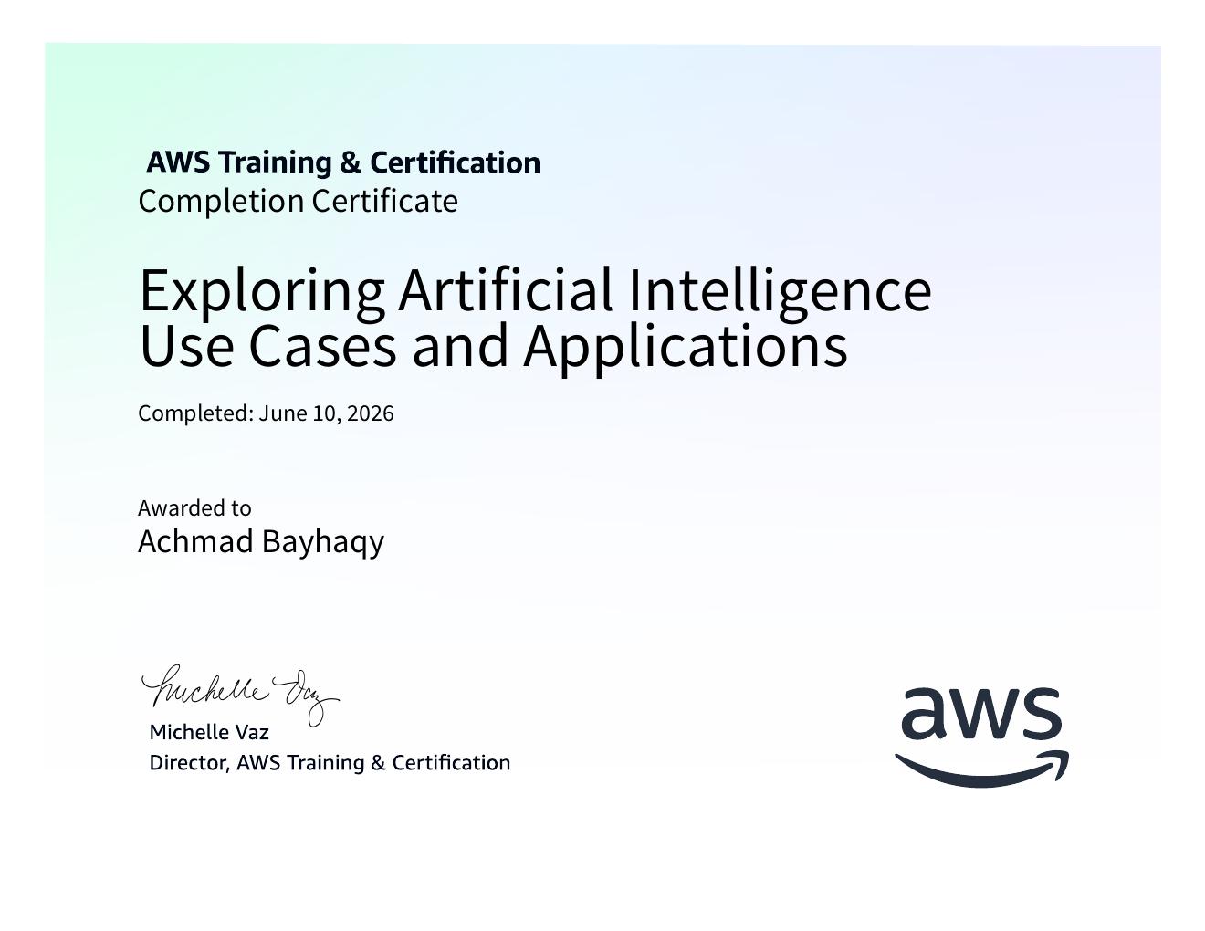 Exploring Artificial Intelligence Use Cases and Applications certificate