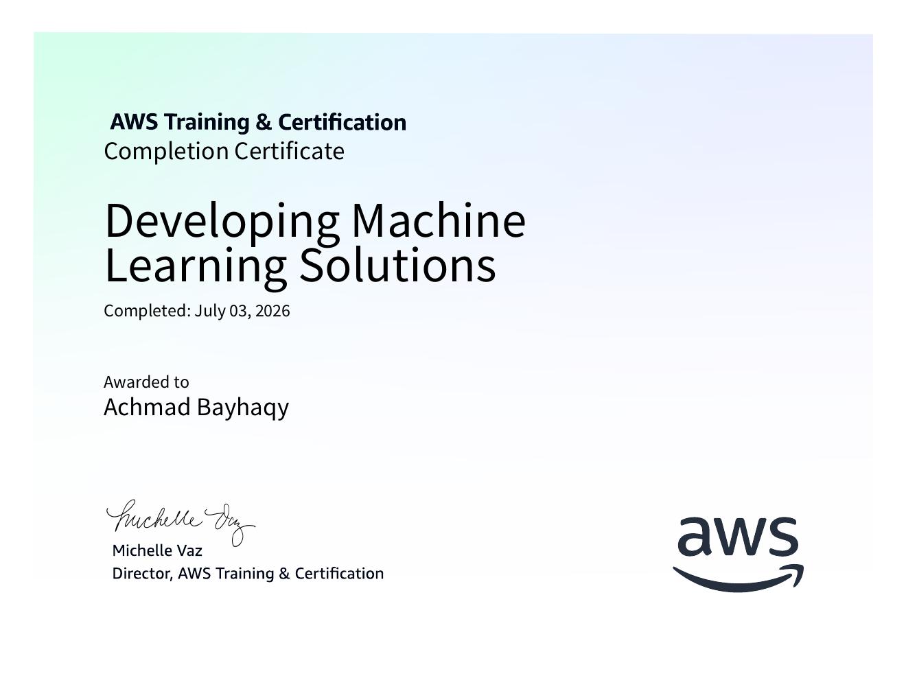 Developing Machine Learning Solutions certificate