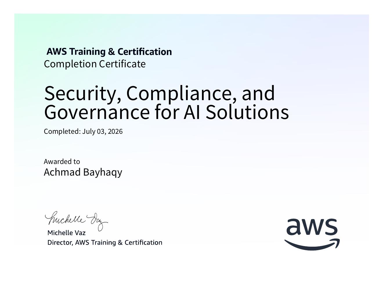 Security, Compliance, and Governance for AI Solutions certificate