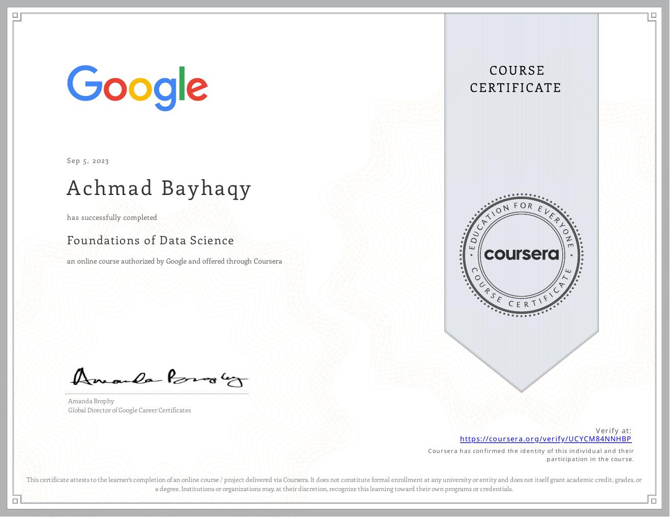 Foundations of Data Science certificate