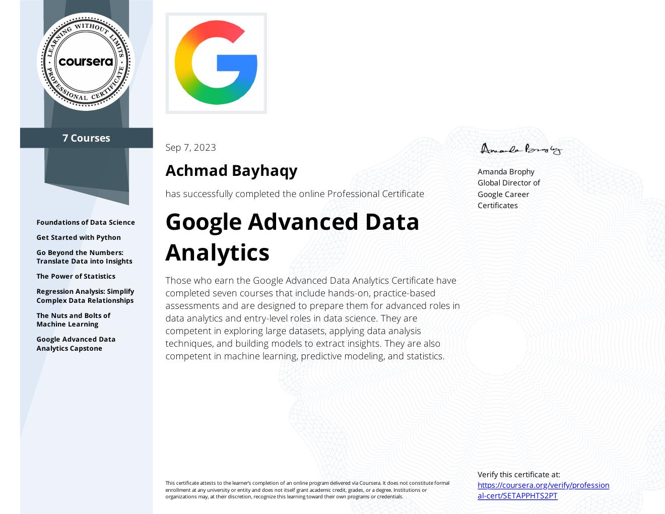 Google Advanced Data Analytics Specialization certificate