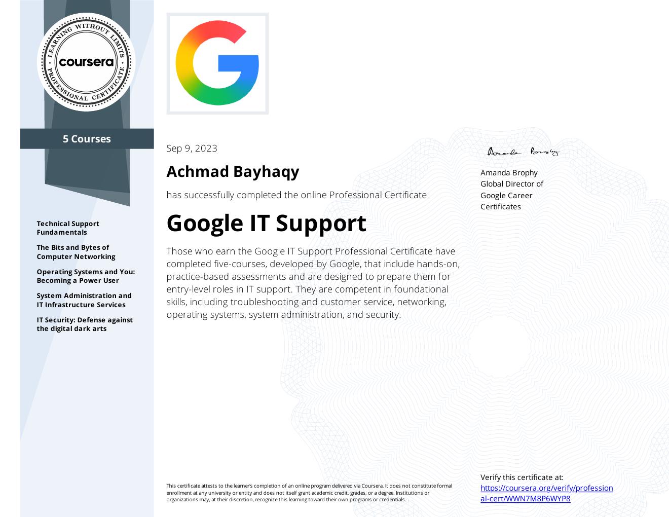 Google IT Support Specialization certificate