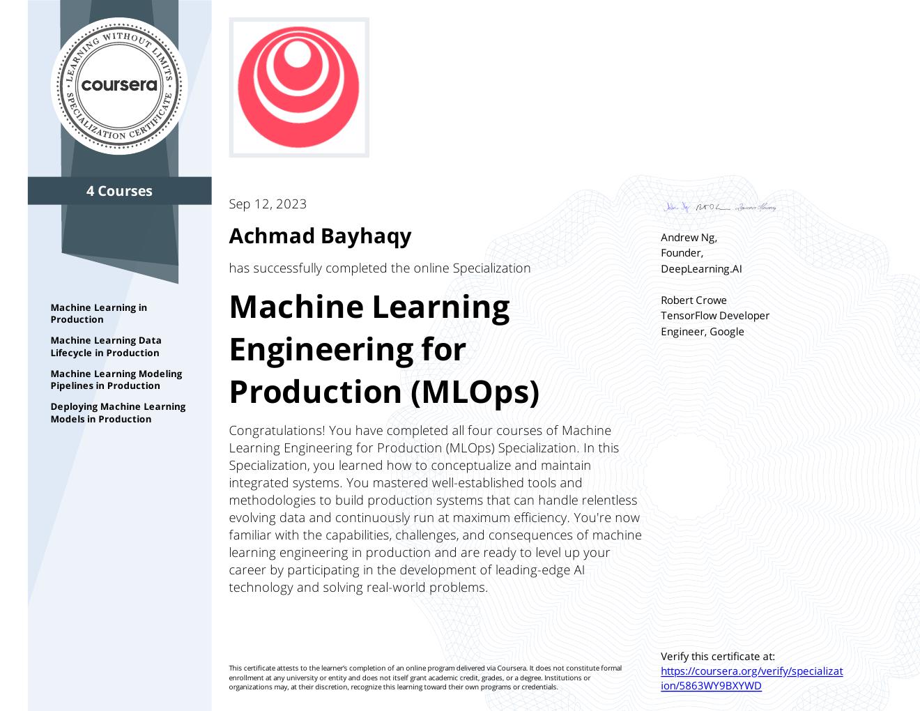 Machine Learning Engineering for Production (MLOps) Specialization certificate
